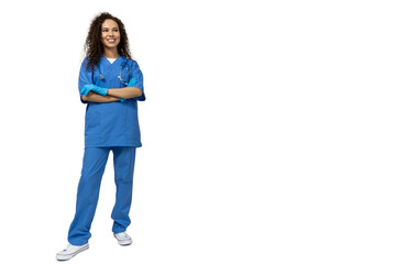 Fototapeta premium A girl in a blue nurse's uniform, isolated on white background