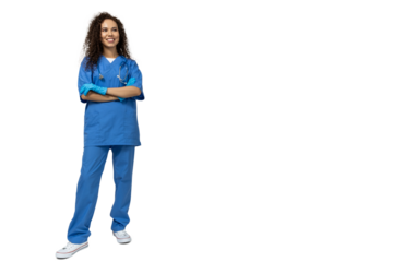 A girl in a blue nurse's uniform, isolated on white background