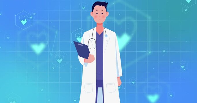 Animation of medical icons with doctor with clipboard on blue background