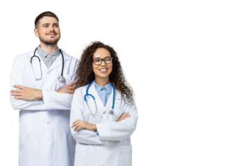 Male and female doctors in white uniform, isolated on white background