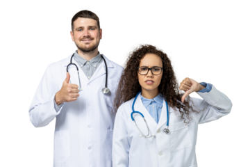 Male and female doctors in white uniform, isolated on white background