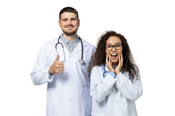 Fototapeta premium Male and female doctors in white uniform, isolated on white background