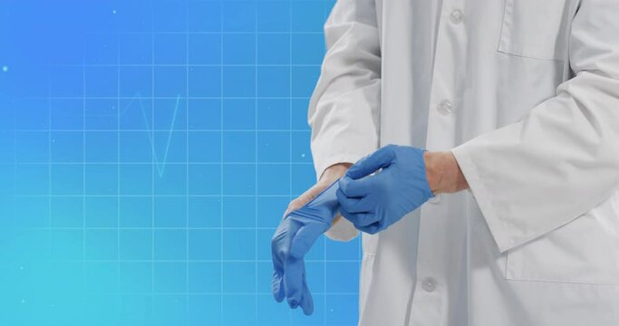 Animation of cardiograph with caucasian doctor wearing medical gloves on blue background