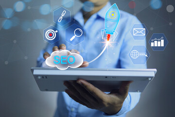 SEO search engine optimization concept, businessman working on data analytic or keyword of customer...