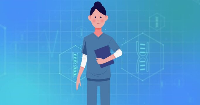 Animation of female doctor with clipboard with medical icons on blue background