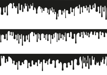 Seamless black drips. Abstract dribble splatter stains, comic dribble flow, oil stain dribble wallpaper. Vector texture. Border with dripping paint, spooky design with leaking liquid