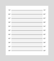 Wall measurements template. Mugshot board crime background for police wanted. Lineup backdrop for arrest photo with inches scale. Identification frame for criminal height. Vector illustration.