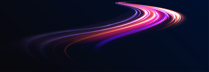 High speed effect motion blur night lights blue and red. Abstract neon color glowing lines background. Vector futuristic empty neon background. 