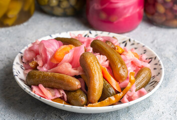 Assorted mixed pickled vegetables in bowl - plate, Turkish name; tursu.