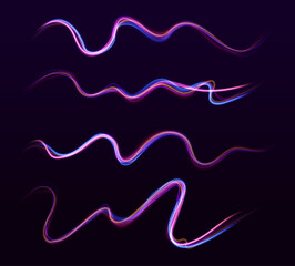 Neon swirls in a big set. Vector glitter light fire flare trace. Futuristic neon light effect. Speed of light concept background.	
