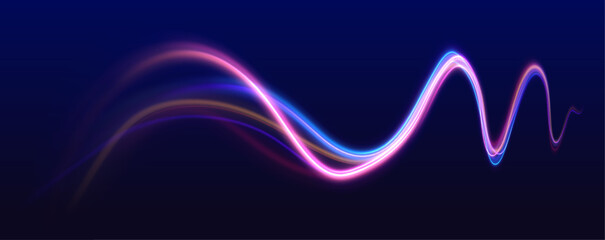 Acceleration speed motion on night road. Cyberpunk light trails in motion or light slow shutter effect. Futuristic neon light effect. Speed of light concept background. 