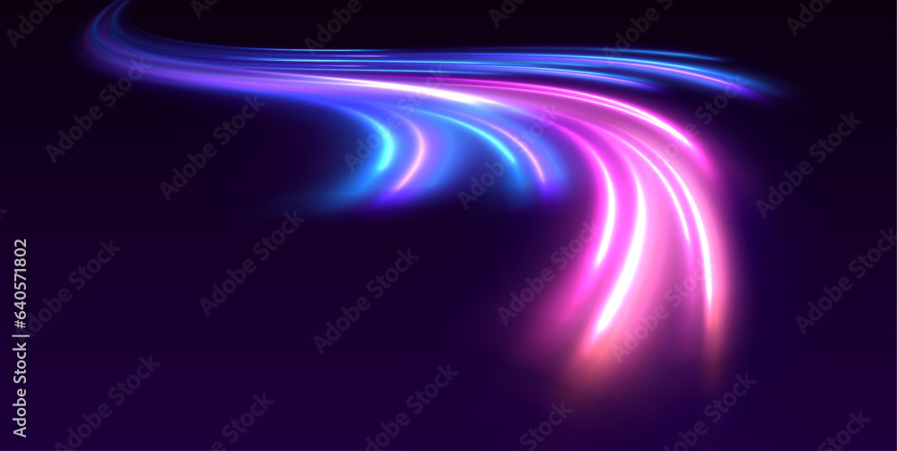 Aufkleber Neon swirls with light effect in the form of a spiral. Laser beams, horizontal light rays. Particle motion effect. Magic of moving fast lines. 