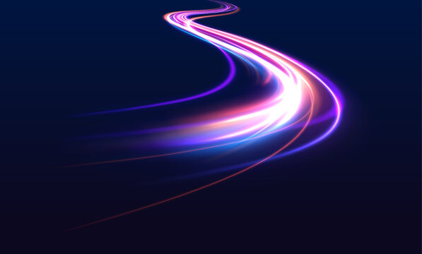 Long exposure of motorways as speed. Neon spiral lines in yellow blue and purple colors.  Image of speed motion on the road. 