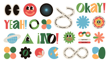 Groovy label shapes. Doodle abstract stickers with funny hippie symbols, colorful modern decorative elements for badge design. Vector set of sticker groovy design illustration