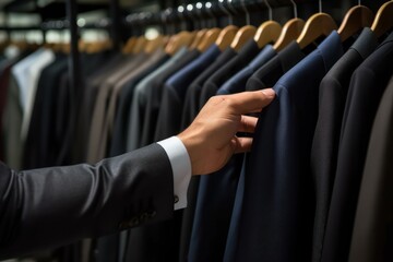 Close-up of Male Hands Plucked Hanger Choosing Suit in a Suit Store Generative AI.