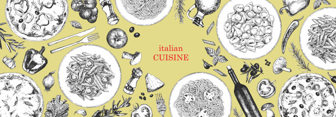 Traditional Italian cuisine. Hand-drawn illustration of Italian traditional dishes and products. Ink. Vector	