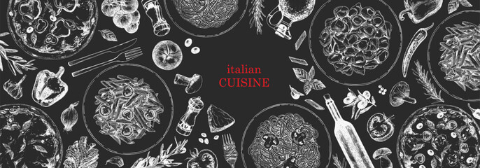 Traditional Italian cuisine. Hand-drawn illustration of Italian traditional dishes and products. Ink. Vector	