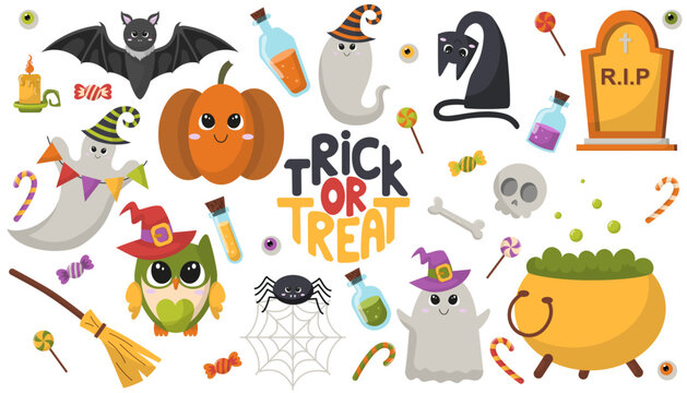 Fun halloween set of elements for kids. Happy Halloween stickers and illustrations. Ghosts, cat,  bat, pumpkin, candy, owl, spider, monument, scull, bone, cauldron, flasks with potion, eyes, broom.