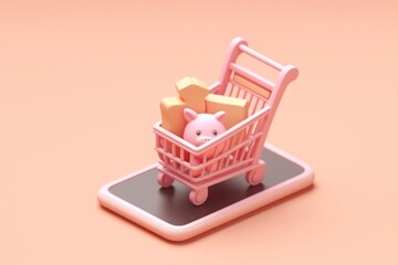 Online shopping isometric concept Shopping cart and mobile Tiny 3D render Generative AI.