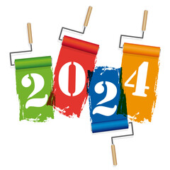 Carte de vœux pour une entreprise de peinture avec l’année 2024écrite au pochoir avec des rouleaux de peinture de différentes couleurs.
