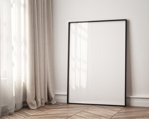 Single vertical ISO A0 frame mockup, reflective glass, mockup poster on the wall of living room. Interior mockup. Apartment background. Modern Japandi interior design. 3D render