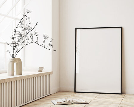 Single vertical ISO A0 frame mockup, reflective glass, mockup poster on the wall of living room. Interior mockup. Apartment background. Modern Japandi interior design. 3D render