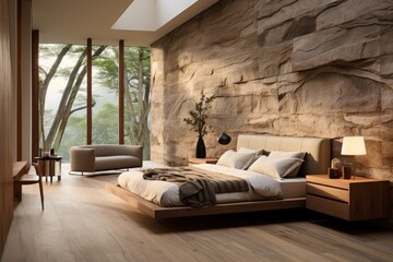 Modern Bedroom Interior With king size Bed, Armchair, night stands, paintings, rays of sunlight and modern finishes