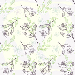 Doodle flowers seamless pattern for paper or textile. Light outline drawings of abstract flowers. Hand drawn, vector. Design botanical drawing layout for wallpaper, fabric, packaging