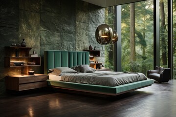 Modern Bedroom Interior With king size Bed, Armchair, night stands, paintings, rays of sunlight and modern finishes