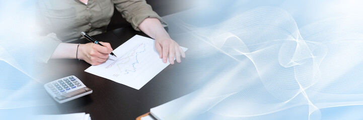 Woman analysing marketing data; panoramic banner