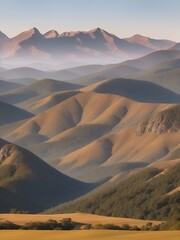 Naklejka premium A panoramic view of mountains that stretch to the horizon, enveloped in warm beige tones. A rustic mountain scene that exudes elegance. AI Generated