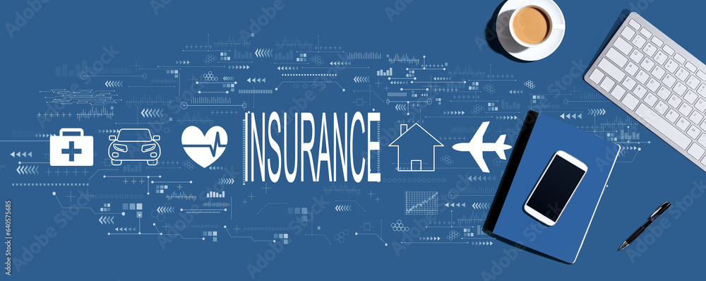 Poster insurance concept with a computer keyboard and office items