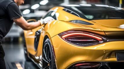 Professional detailing a car in car studio cleaning car with microfiber cloth, car detailing (or valeting) concept.