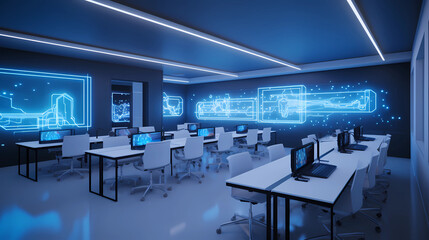 Fototapeta na wymiar Dive into a spacious technology school classroom dedicated to quantum computing. Gleaming silver quantum machines, situated at the back, emit a soft blue glow. Students, engrossed in their work, tap a