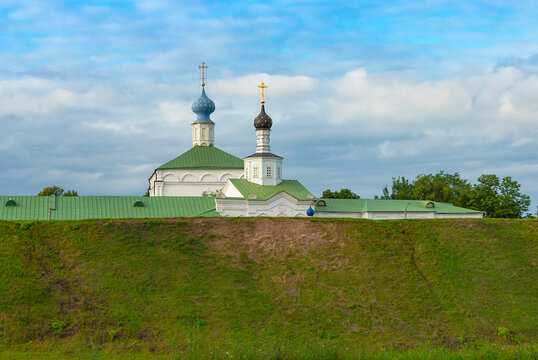 Ryazan. Russia. Earthen rampart against the background of the temples of the Transfiguration Monastery