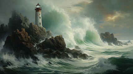 A rocky shore with waves crashing against it, with a lighthouse in the distance  - Powered by Adobe