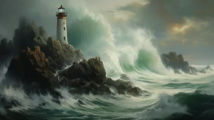 Foto op Canvas A rocky shore with waves crashing against it, with a lighthouse in the distance  © KHADIJA
