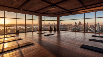 A rooftop yoga studio with bamboo flooring 