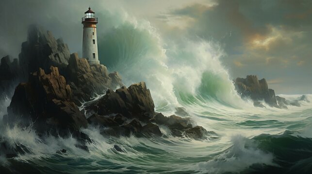 A rocky shore with waves crashing against it, with a lighthouse in the distance 