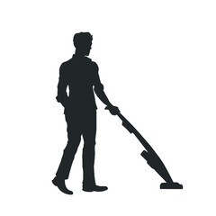 Man silhouette with vacuum cleaner. Isolated housework scene. Sweeper boy vacuuming floor