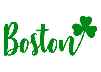 Logo del día de San Patricio. Letras de la palabra Boston con silueta de shamrock de 3 hojas. Texto manuscrito Boston para su uso en invitaciones y tarjetas
