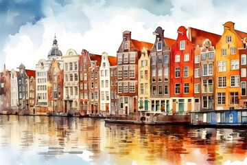 Fototapeta na wymiar Watercolor Amsterdam: Dutch city illustration, travel vibe.