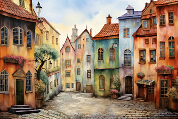Fototapeta na wymiar Europe city, colorful houses, trees, lanterns. Watercolor seamless design: decor, banners, postcards, souvenirs, objects, wallpaper, fabric.