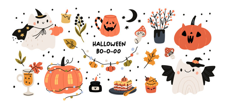 Halloween illustration of cozy design elements. Set of cute gnosts, fall leaves, mushrooms, cup, halloween, pumpkins, cakes, candles, tea cups. Vector hand drawn collection isolated white background