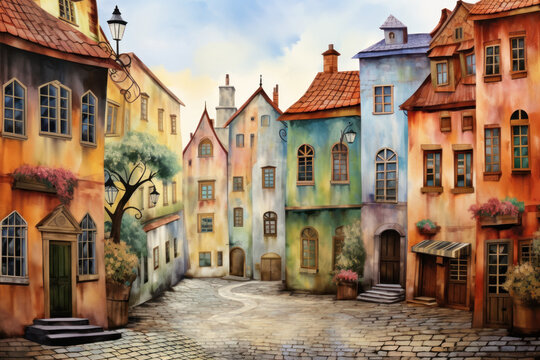 Europe city, colorful houses, trees, lanterns. Watercolor seamless design: decor, banners, postcards, souvenirs, objects, wallpaper, fabric.