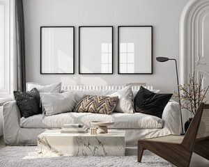 Three vertical ISO A2 frame mockup, reflective glass, mockup poster on the wall of living room. Interior mockup. Apartment background. Modern Scandinavian Bohemian interior design. 3D render