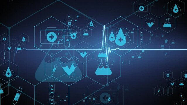 Animation of heartbeat on medical icons and data processing on blue background