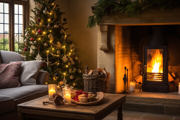 Christmas, holiday decor and country cottage style, cosy atmosphere, decorated Christmas tree in the English countryside house living room with fireplace, interior decoration