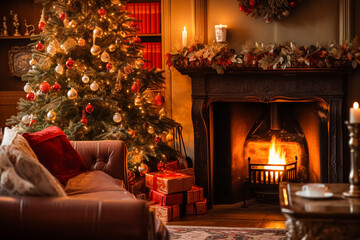 Christmas, holiday decor and country cottage style, cosy atmosphere, decorated Christmas tree in the English countryside house living room with fireplace, interior decoration