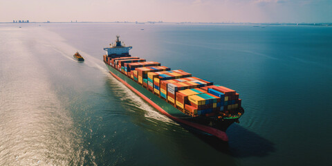 cargo ship on the ocean loaded with many containers, economy, trade across the water